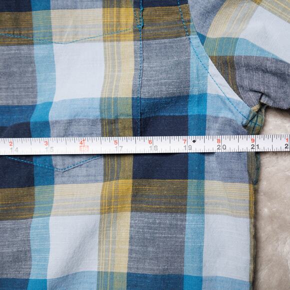 Prana Benton Blue Yellow Plaid Slim Fit Short Sleeve Button Down Shirt Mens L - Picture 9 of 13